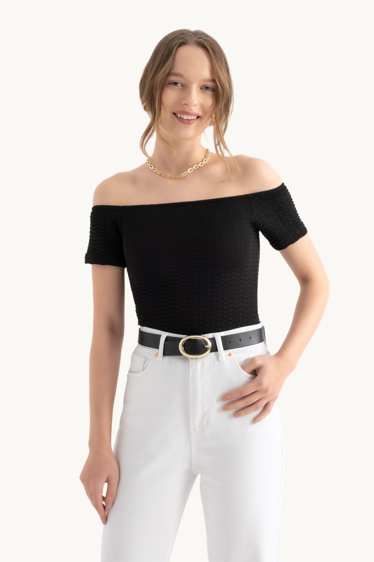 Off Shoulder Short Sleeve Crop Top