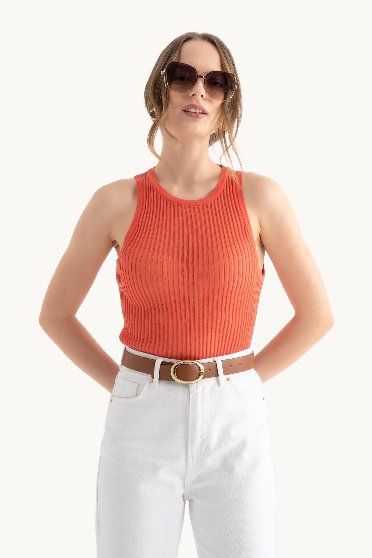 Round Neck Ribbed Mesh Tank Top