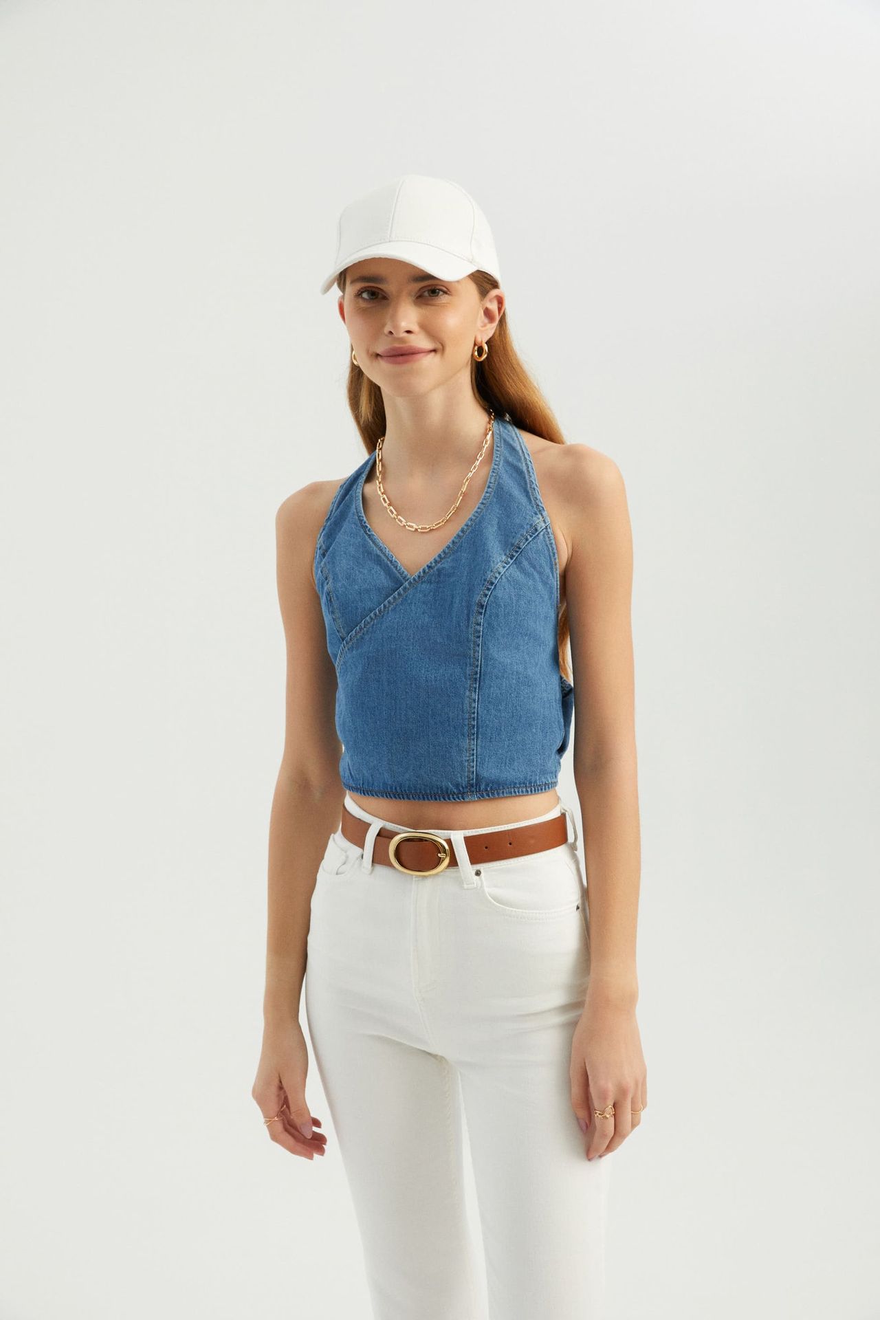 V Neck Denim Halter Tie back Top