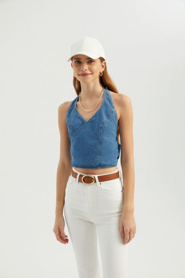 V Neck Denim Halter Tie back Top 2