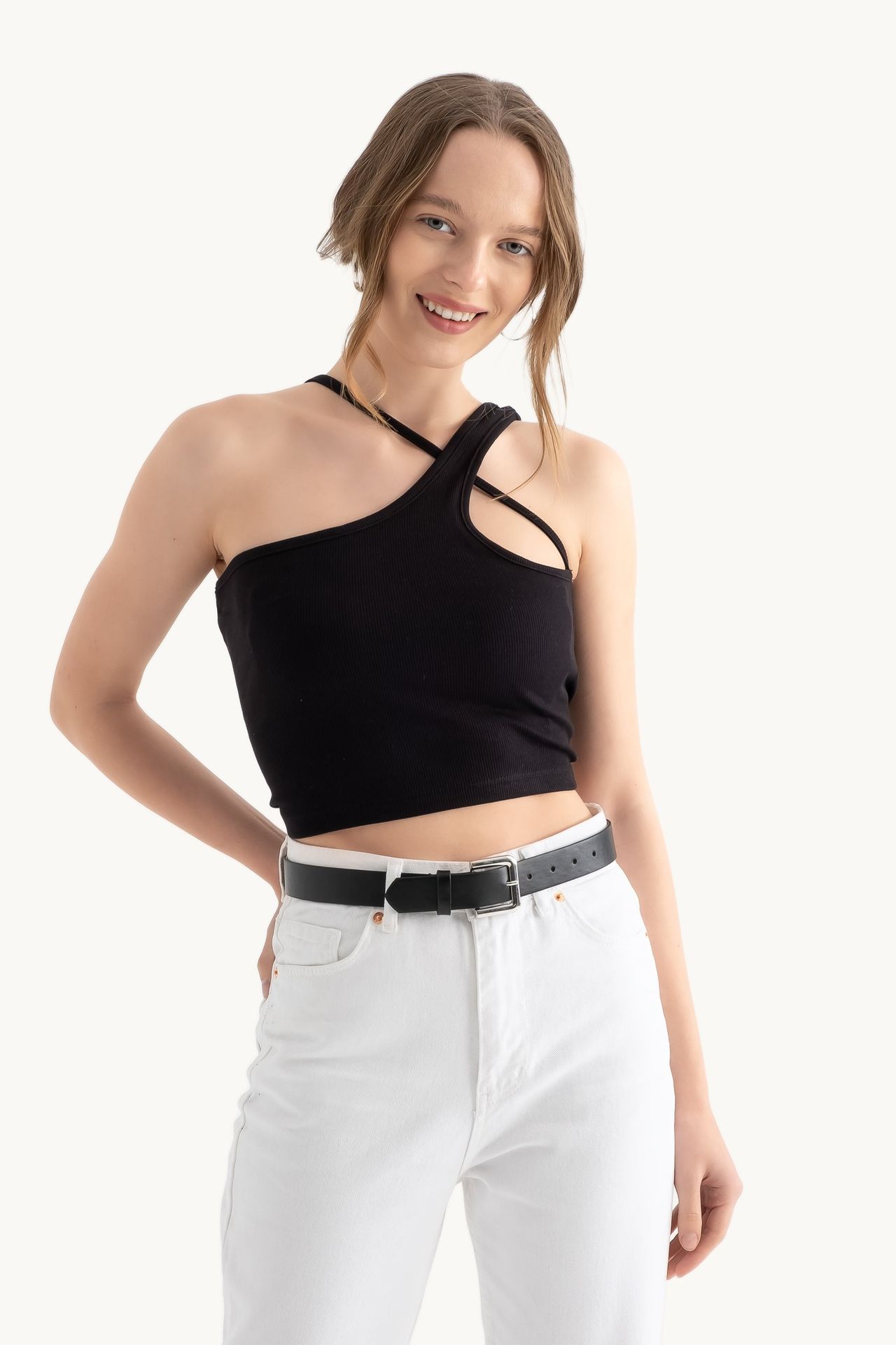 One Shoulder Sleeveless Basic Crop Top