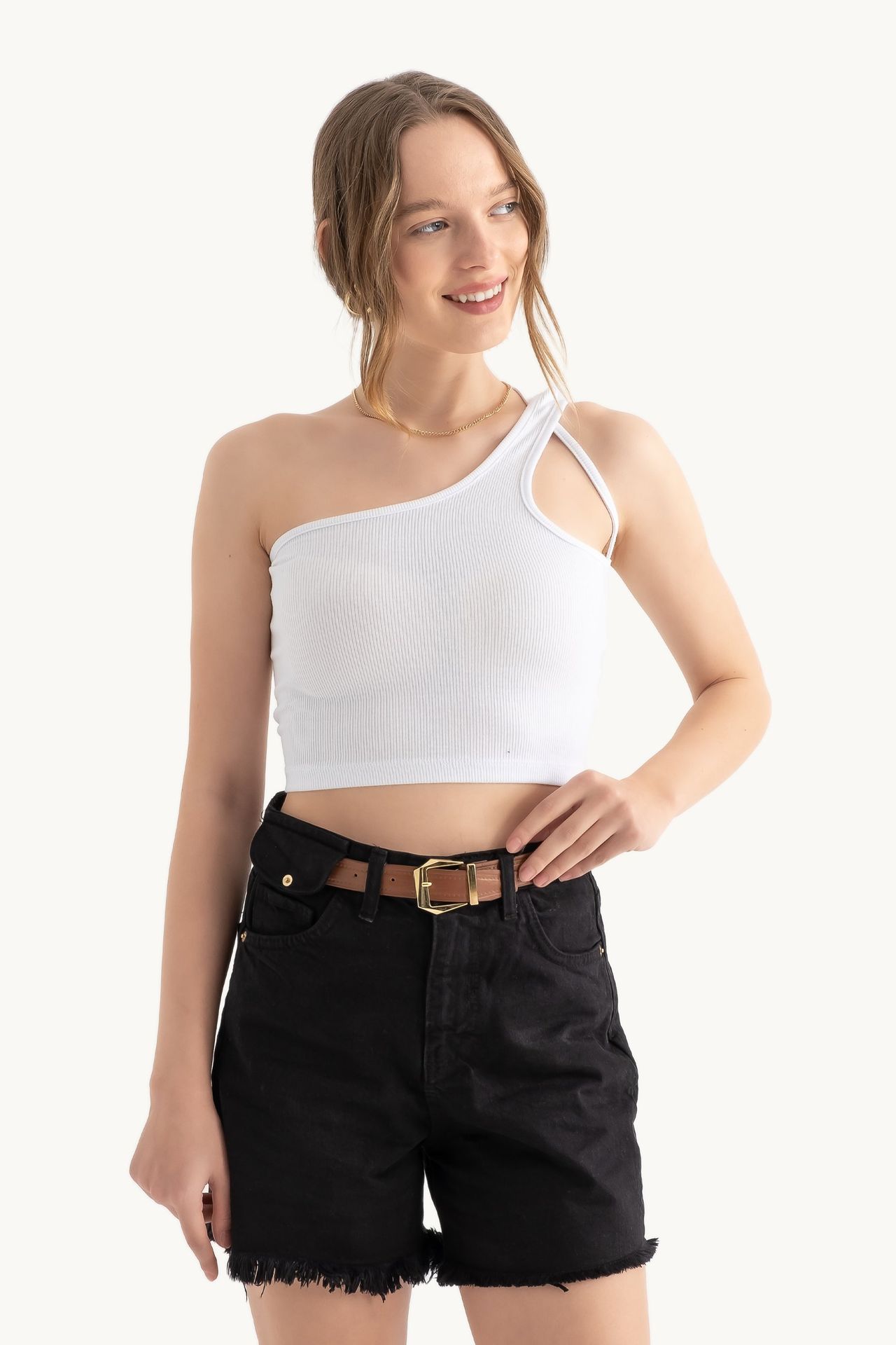 One Shoulder Sleeveless Basic Crop Top