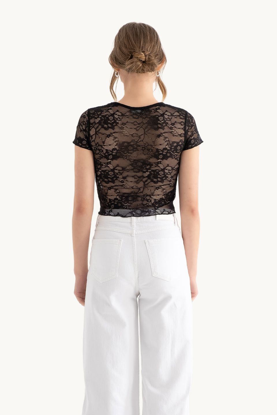 Flowers Embroidered Round Neck Mesh Top