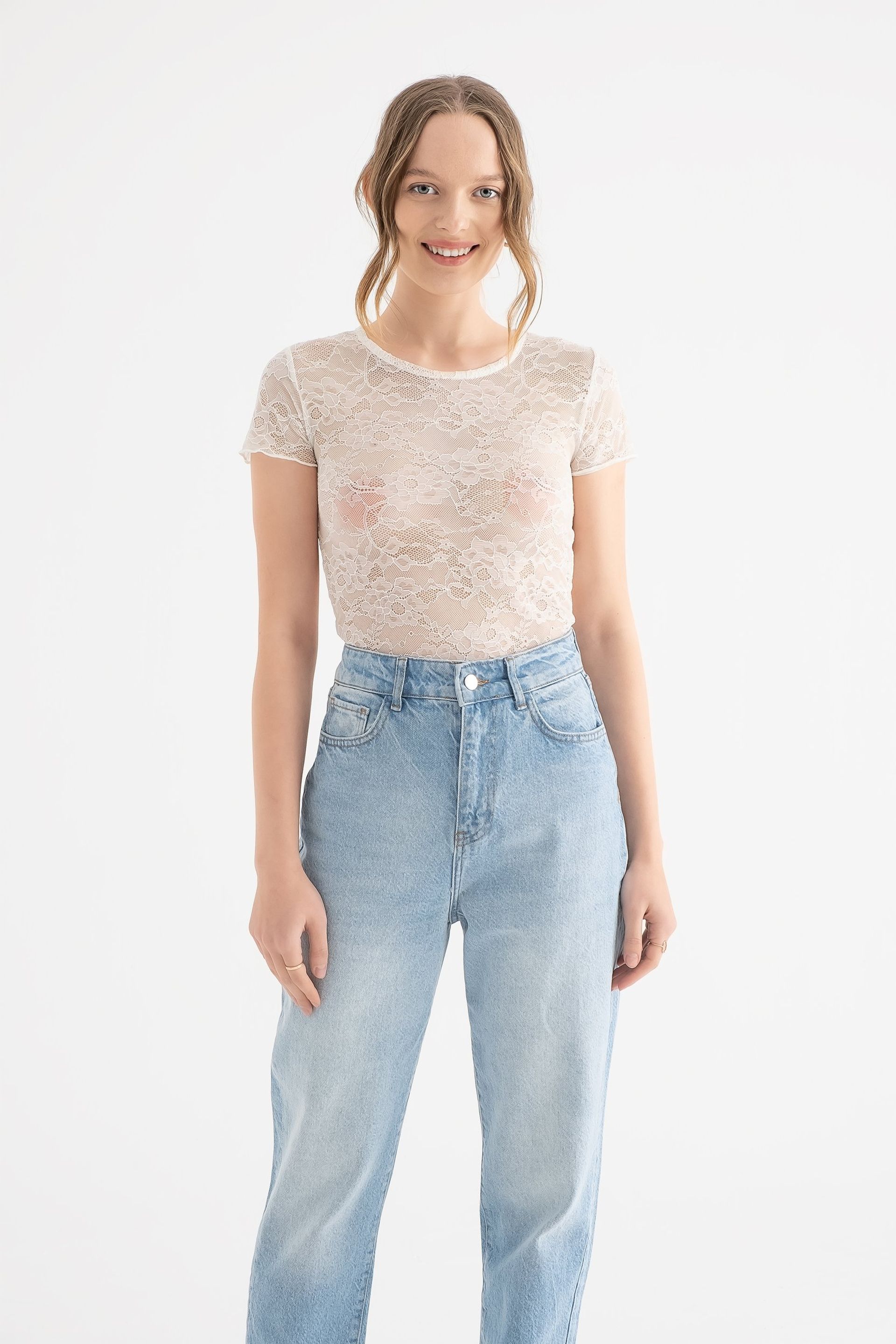 White Flowers Embroidered Round Neck Mesh Top Women