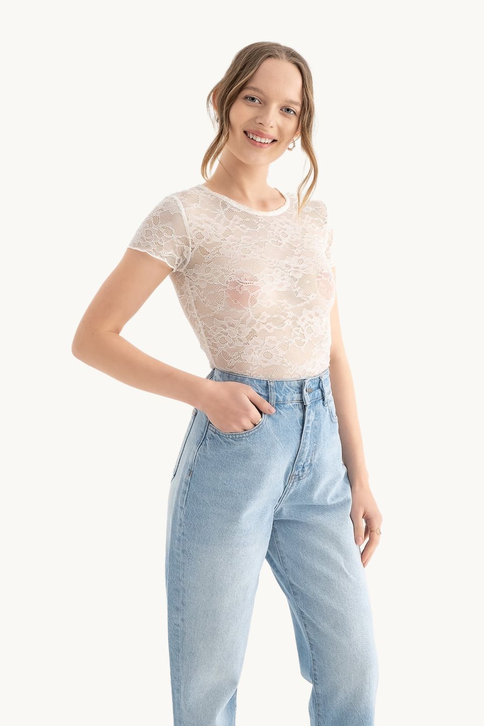 Flowers Embroidered Round Neck Mesh Top