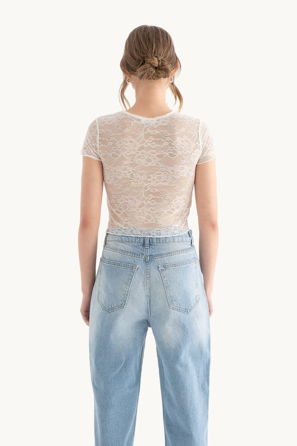 Flowers Embroidered Round Neck Mesh Top