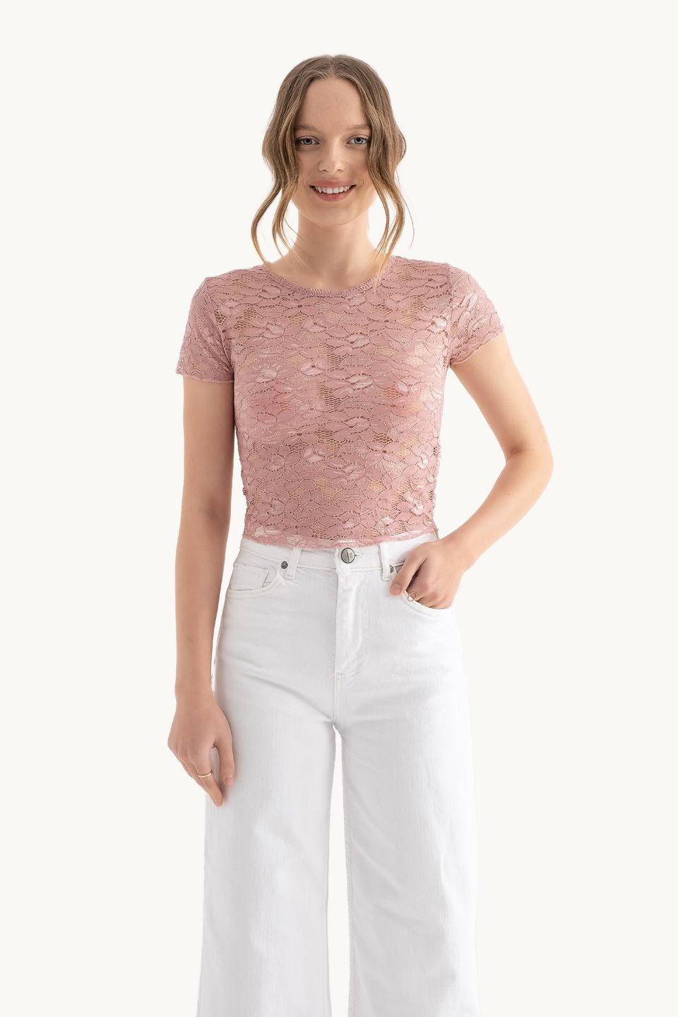 Flowers Embroidered Round Neck Mesh Top