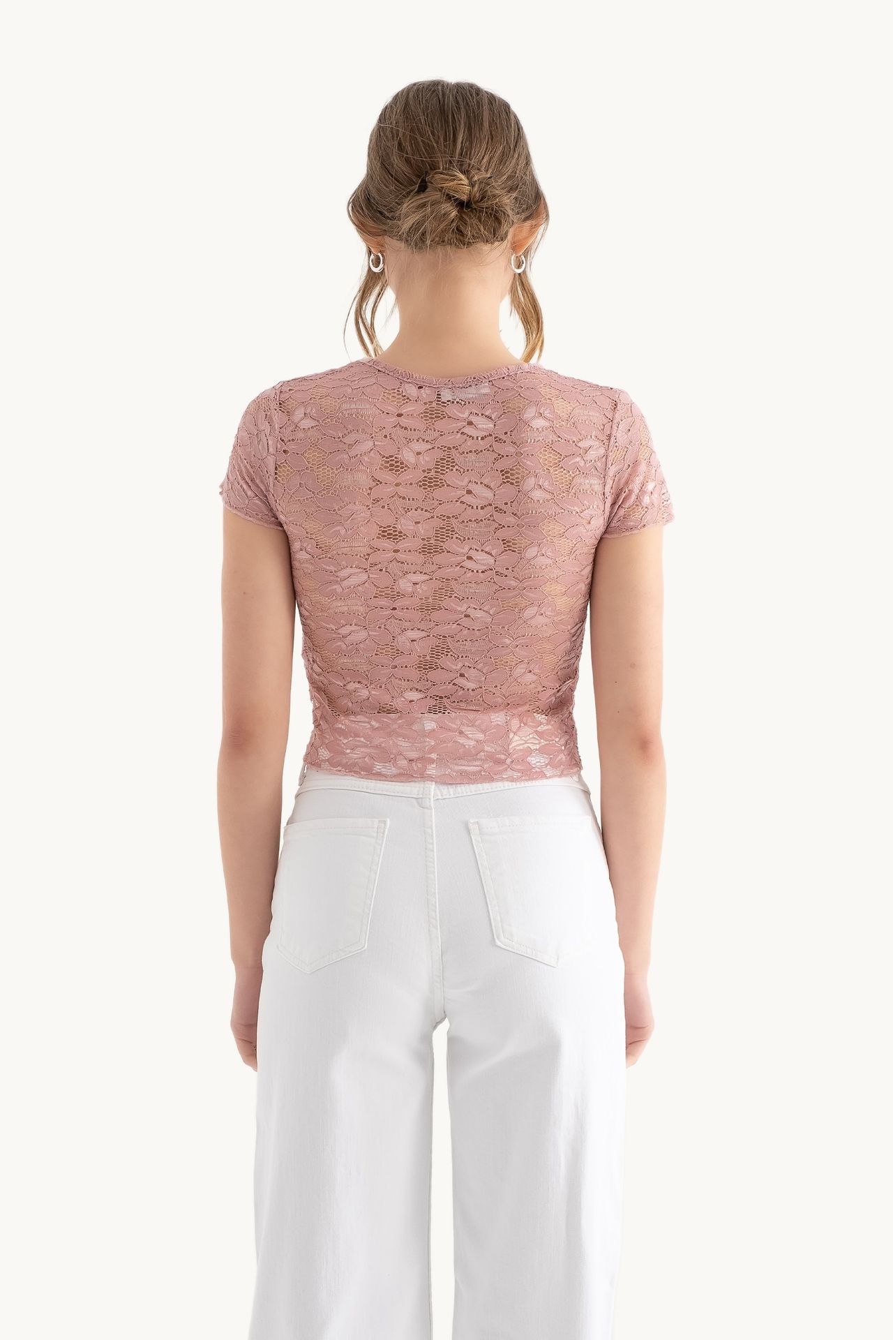 Flowers Embroidered Round Neck Mesh Top