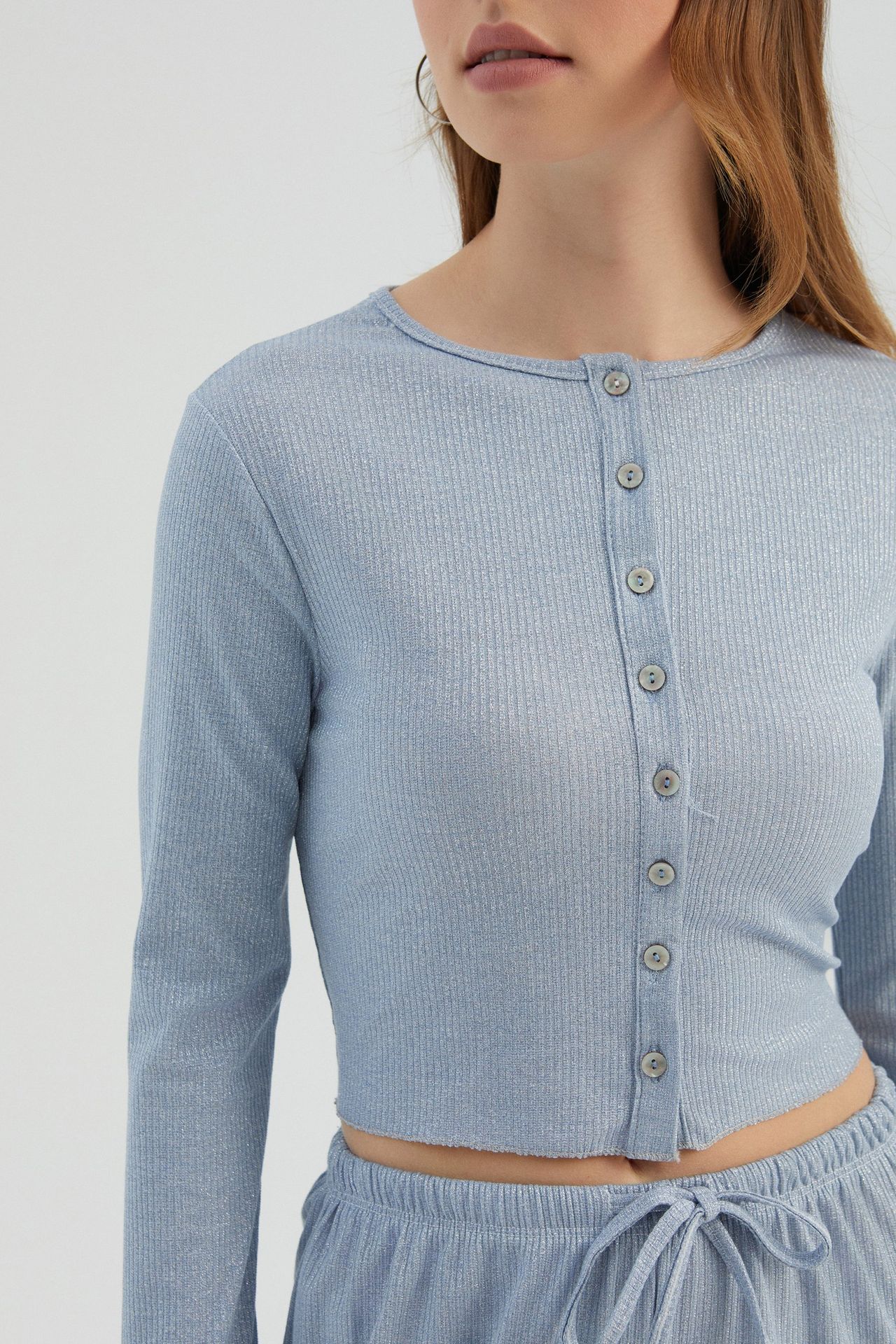 Buttoned Ribbed Long Sleeve Top