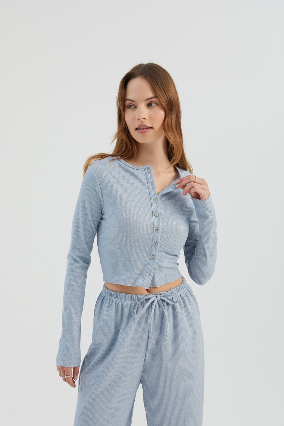 Buttoned Ribbed Long Sleeve Top