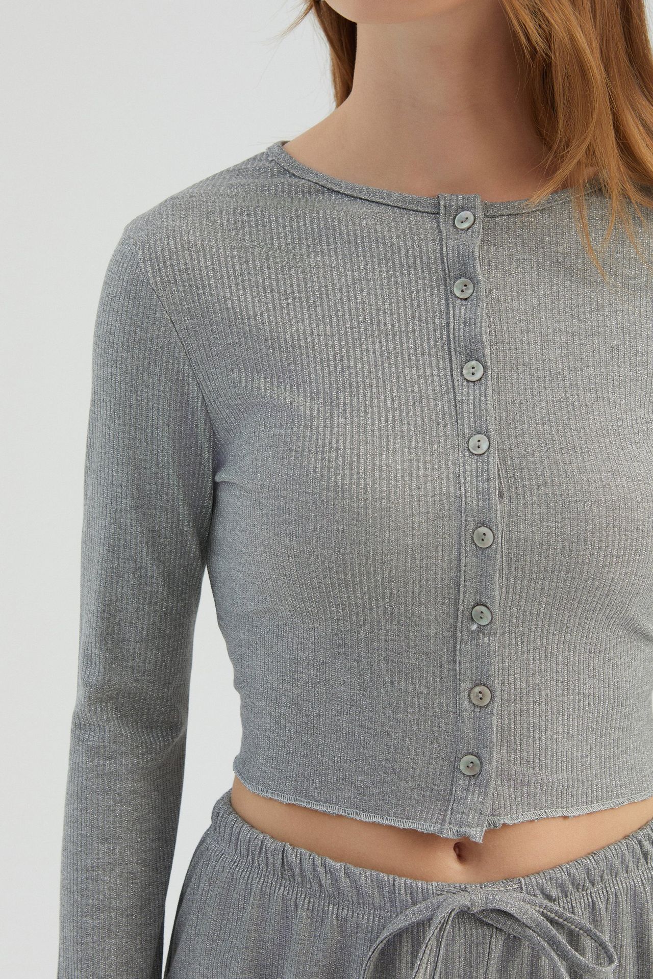 Buttoned Ribbed Long Sleeve Top
