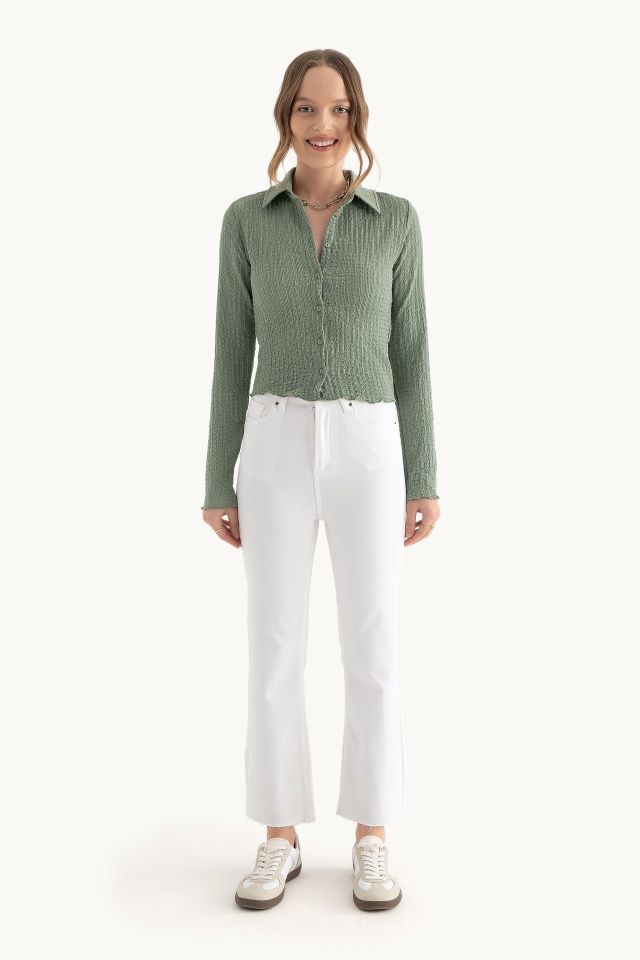Polo Neck Buttoned Long Sleeve Top