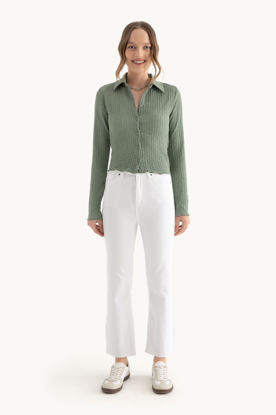 Polo Neck Buttoned Long Sleeve Top