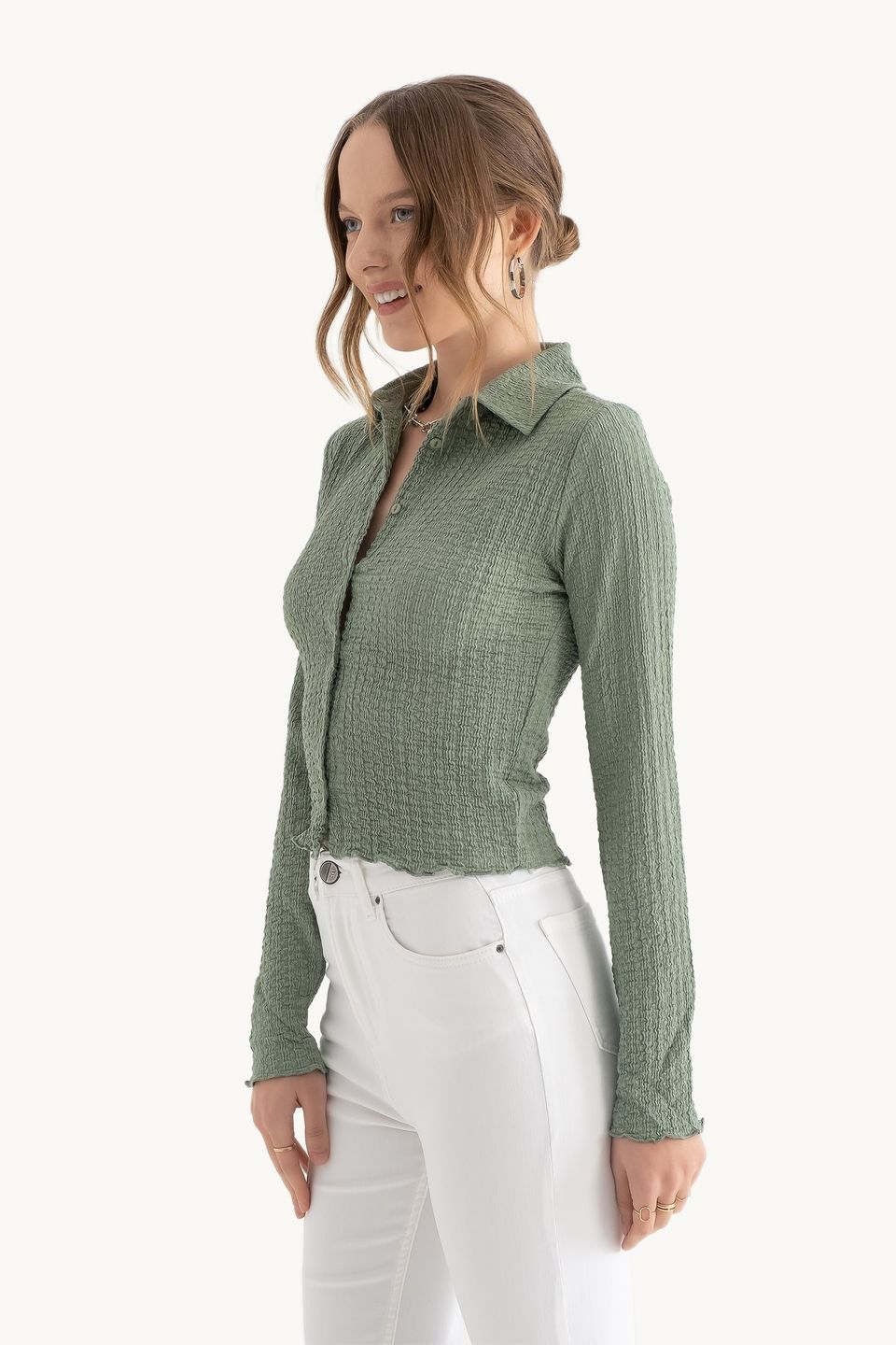 Polo Neck Buttoned Long Sleeve Top