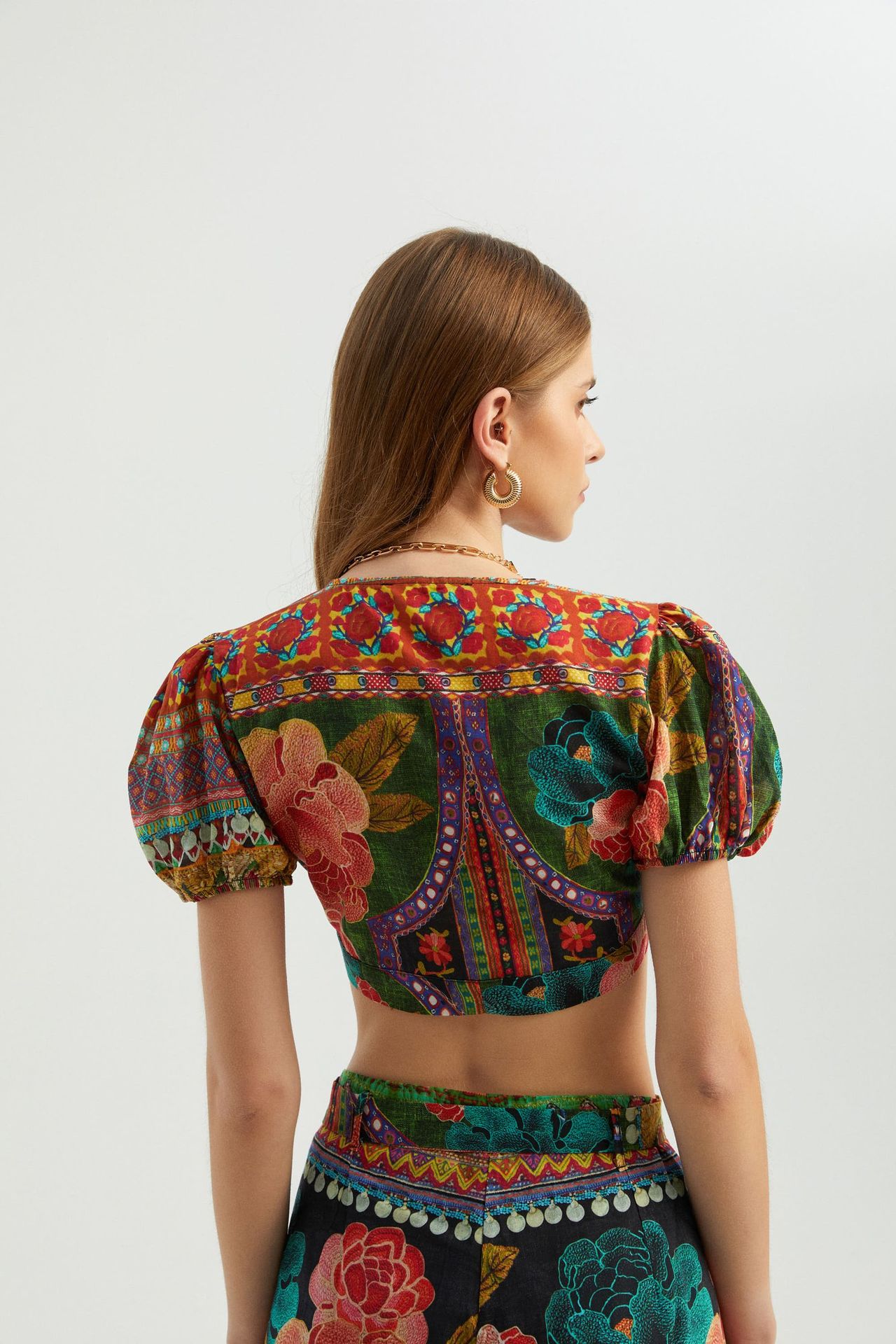 Floral Surplice Neck Puff Sleeve Side Cut Out Boho Crop Top