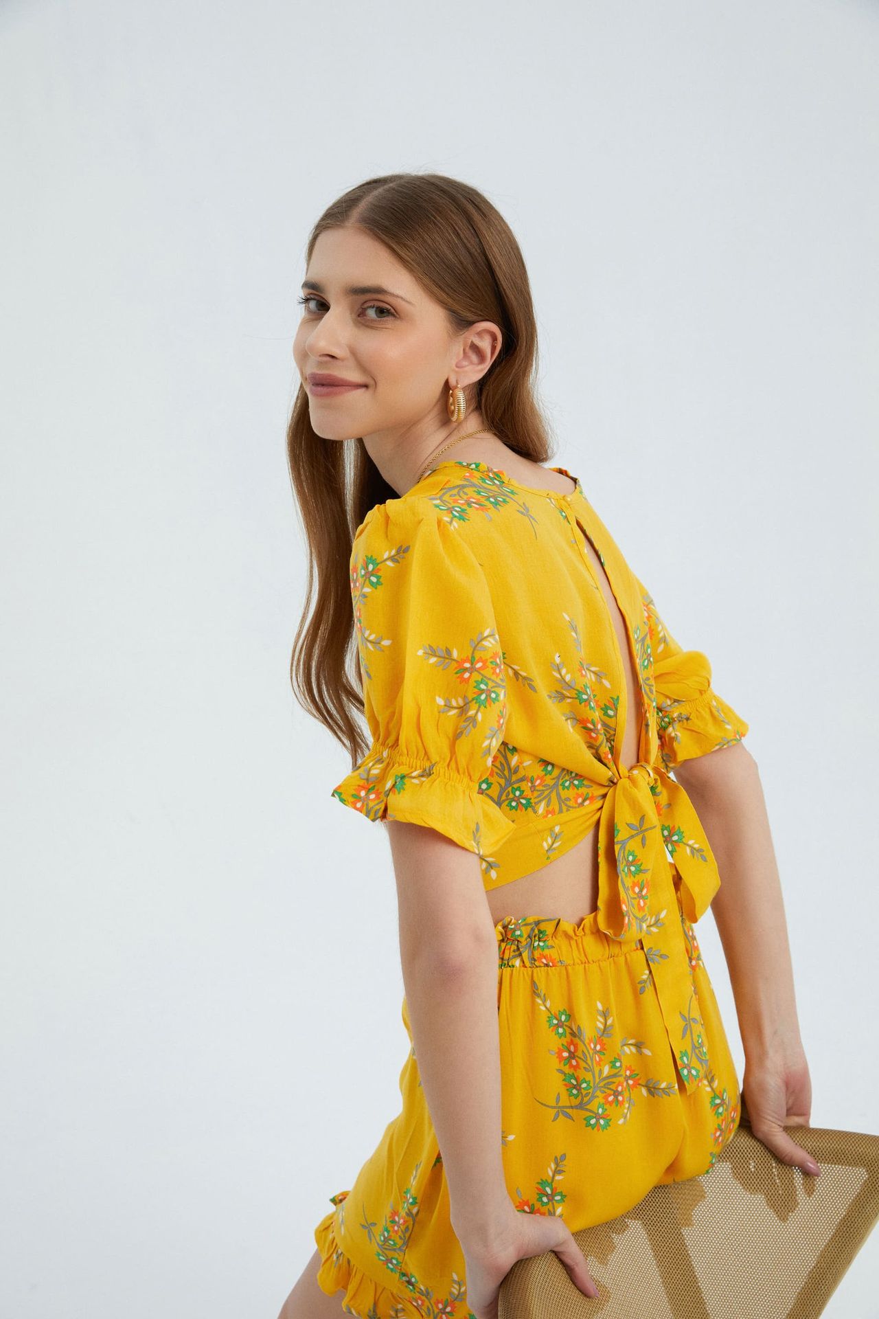 Floral Surplice Neck Short Sleeve Crop Top