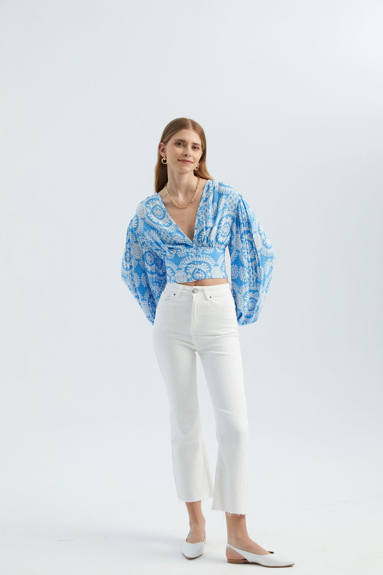 Abstract V Neck Balloon Sleeves Boho Crop Top