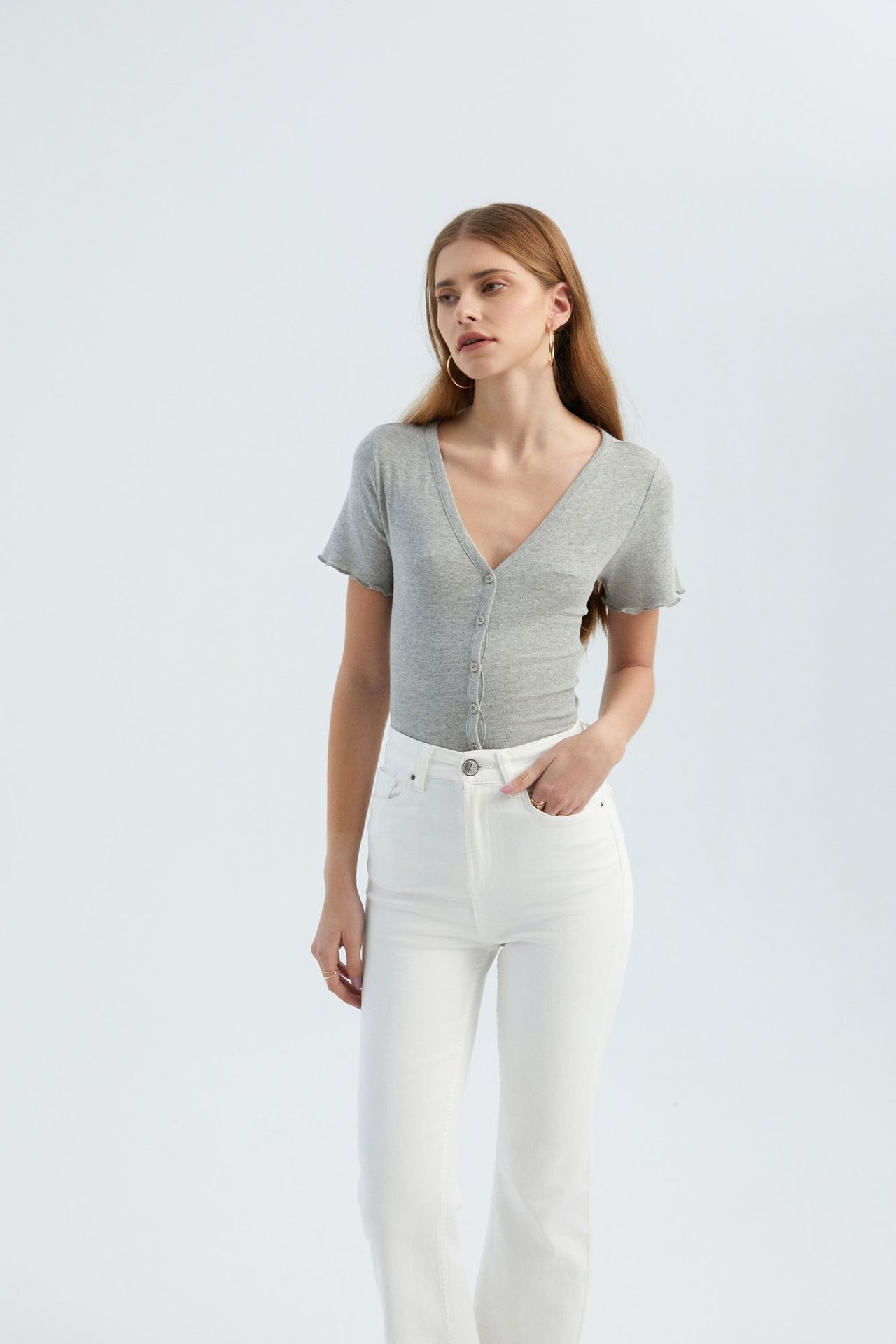 Textured V Neck Short Sleeve Top