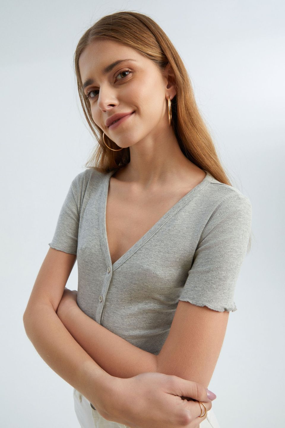 Textured V Neck Short Sleeve Top