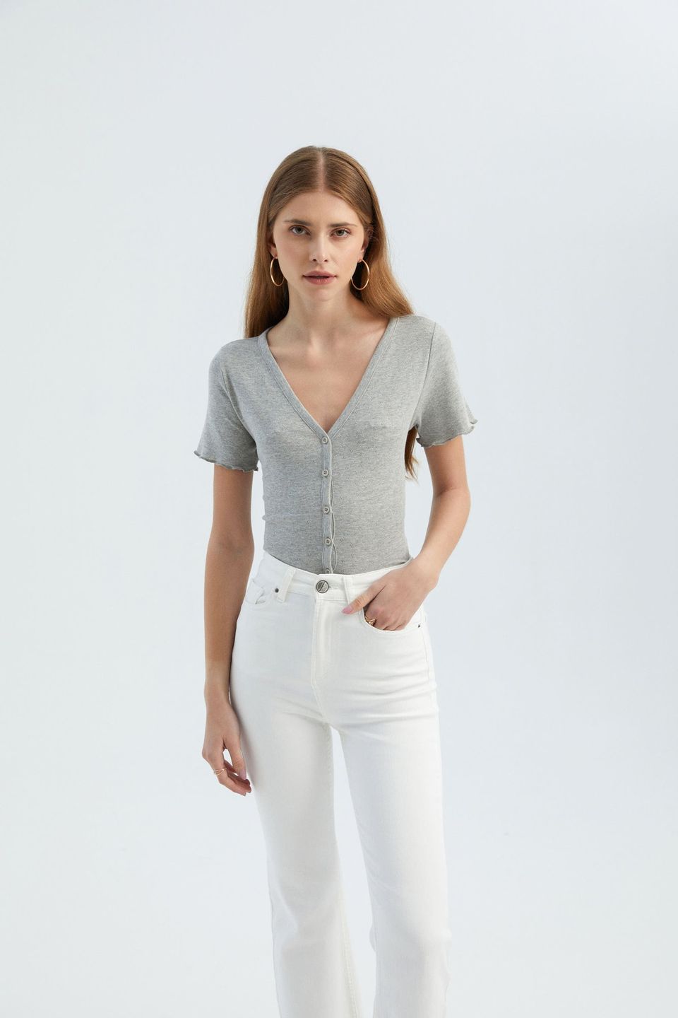 Textured V Neck Short Sleeve Top