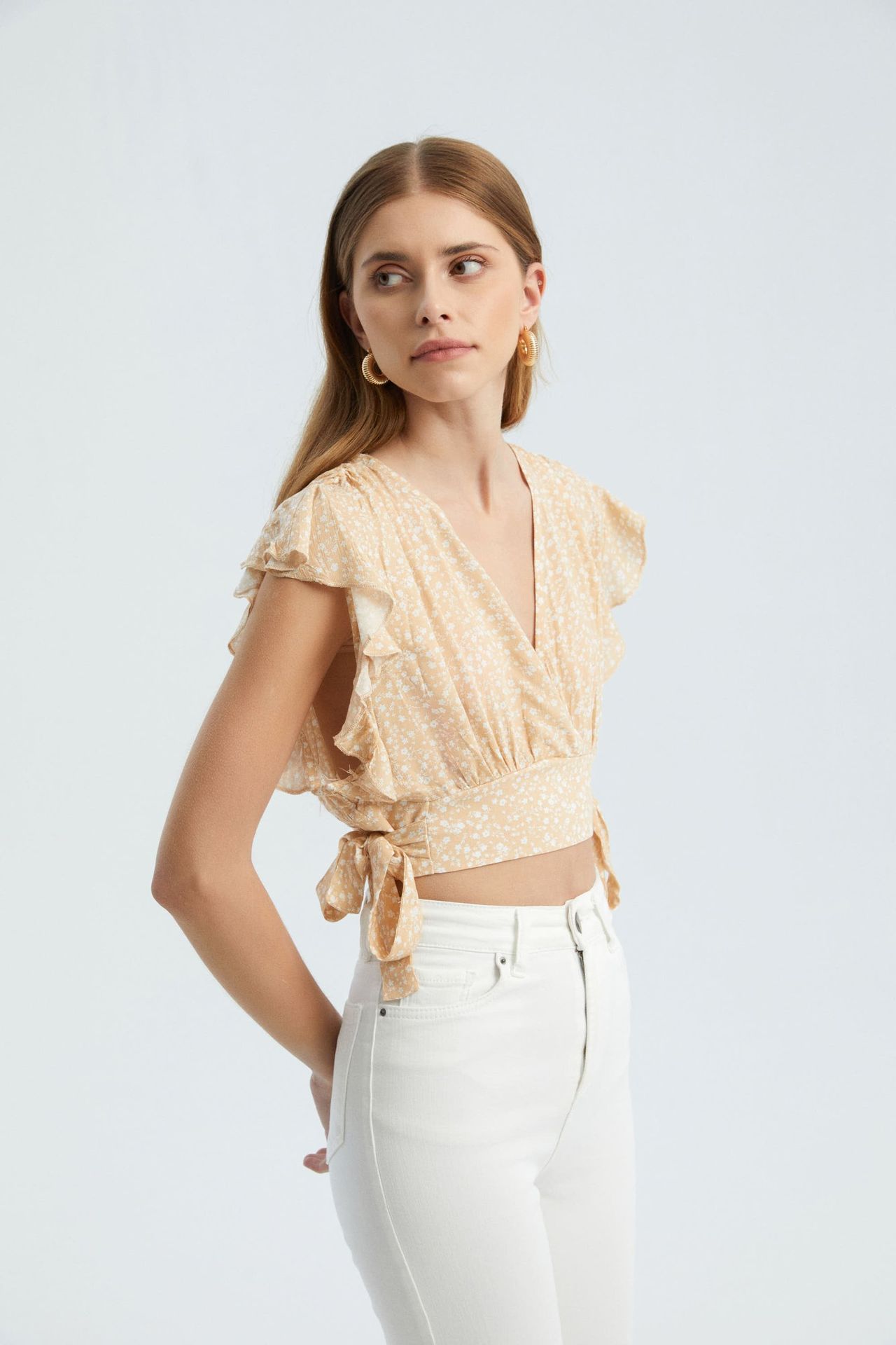 Floral V Neck Tie Side Crop Top