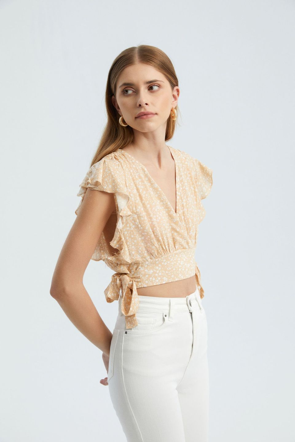 Floral V Neck Tie Side Crop Top
