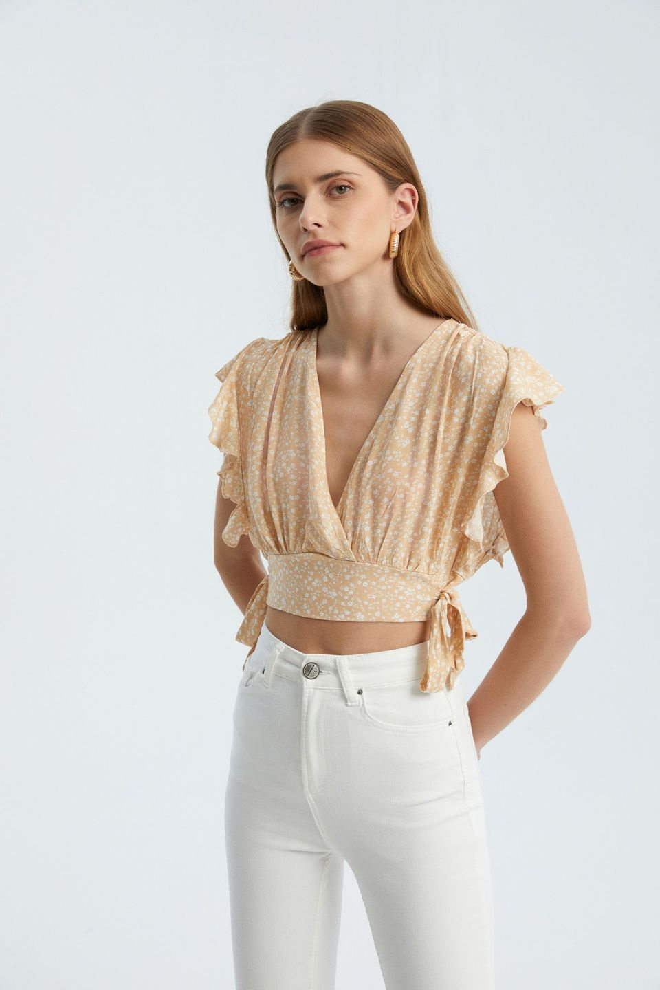 Floral V Neck Tie Side Crop Top
