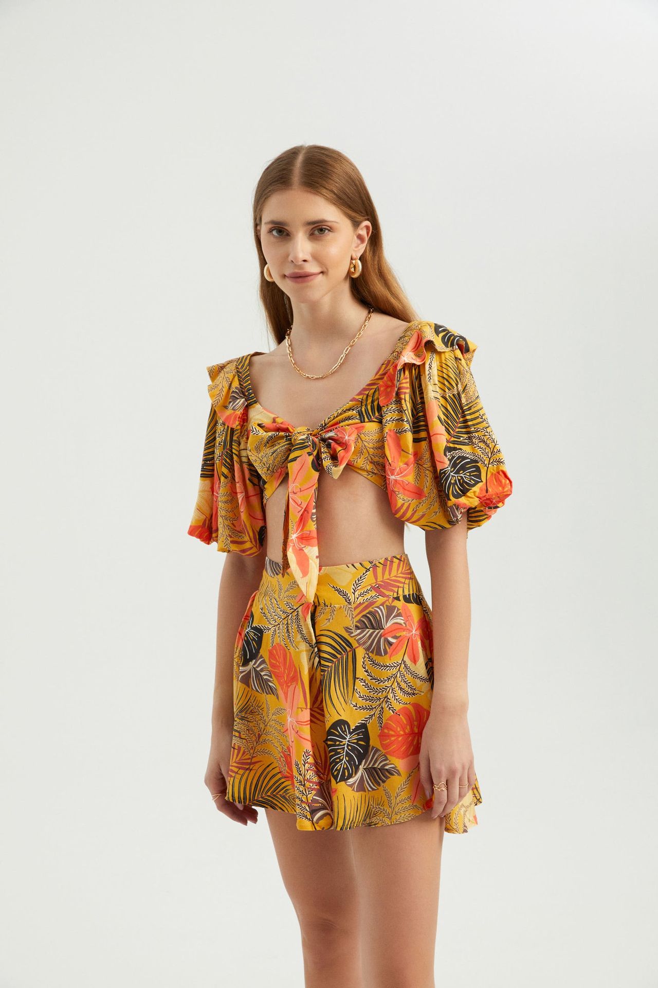 Sweetheart Neck Tie Front Puff Sleeves Crop Top