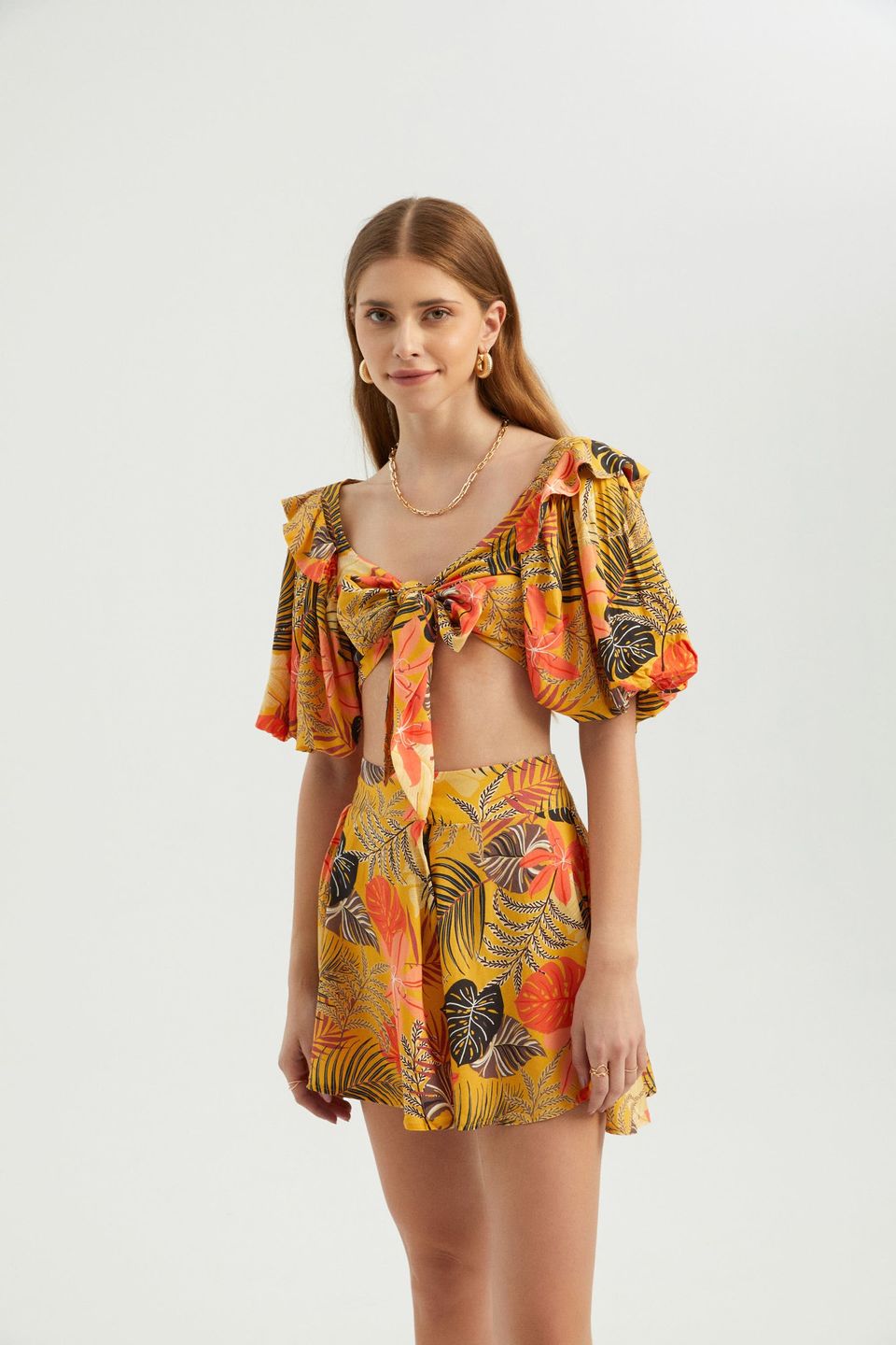 Sweetheart Neck Tie Front Puff Sleeves Crop Top