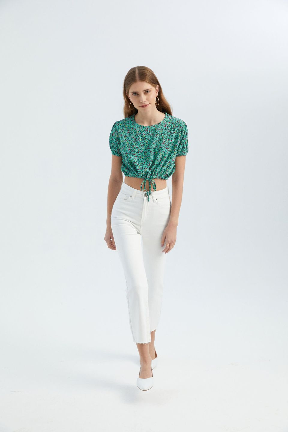 Floral Round Neck Drawstring Crop Top