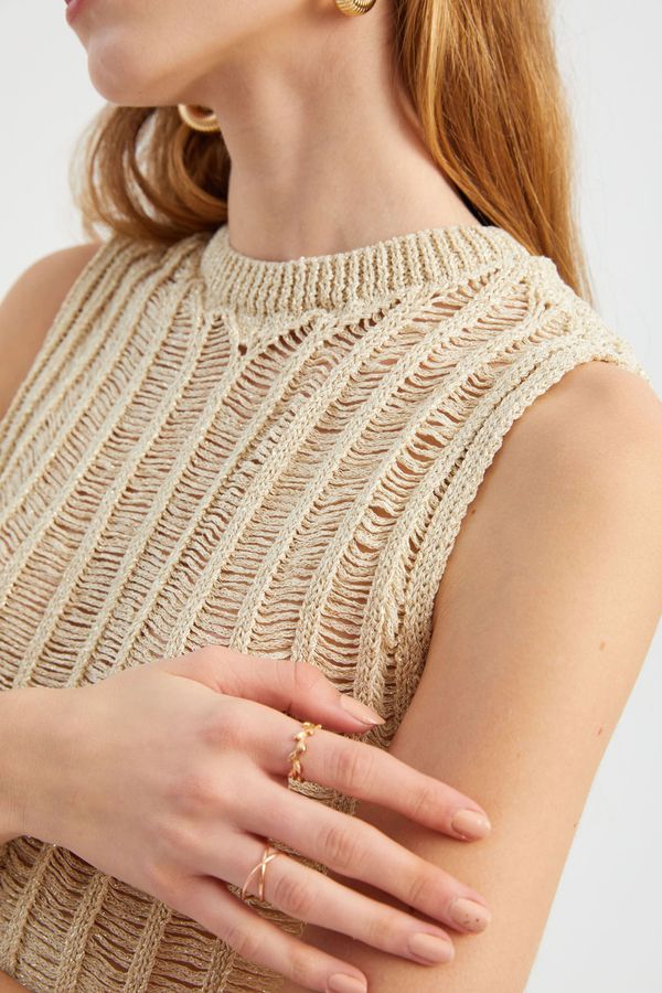 Openwork Crew Neck Knitted Cropped Blouse 5