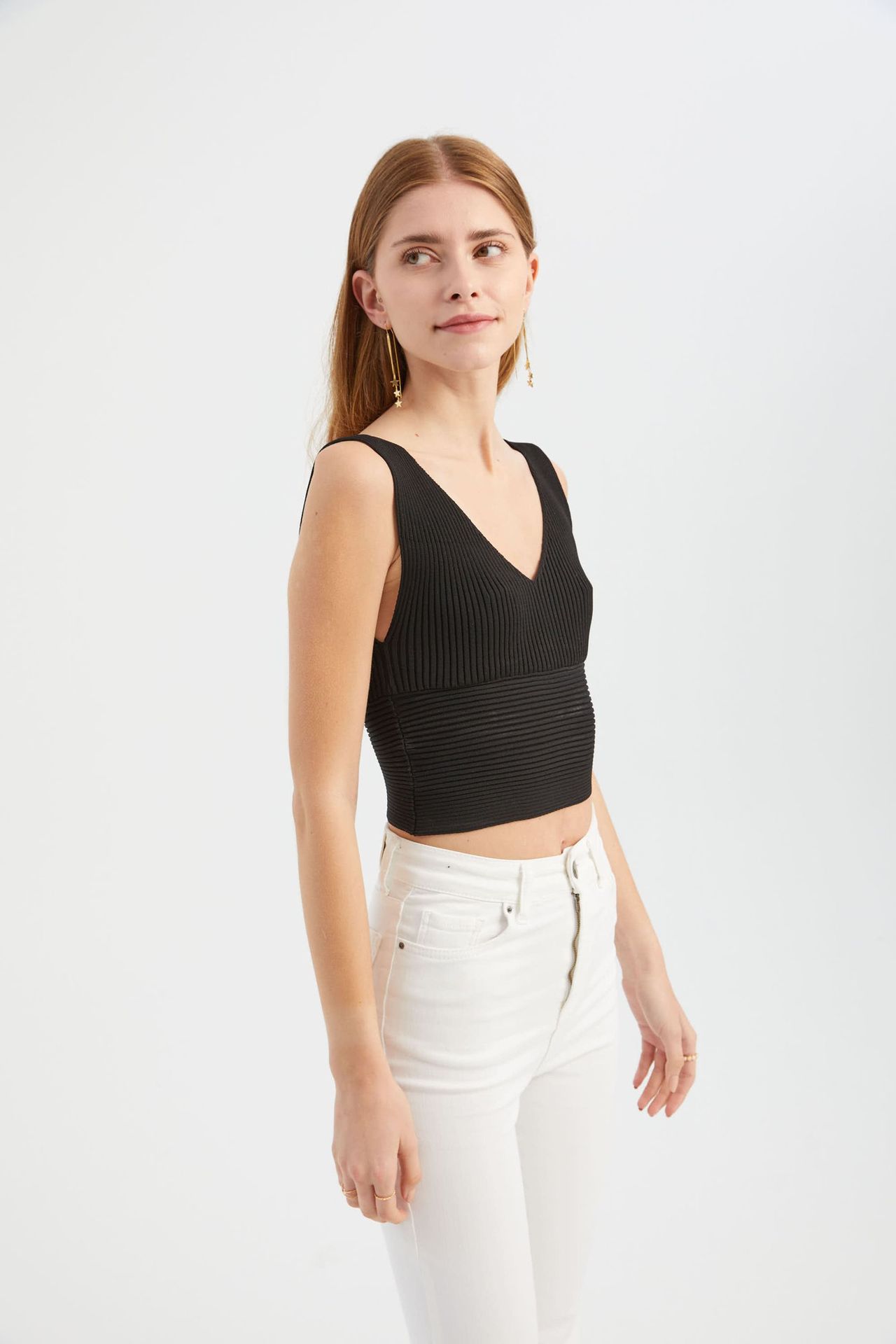 V Neck Knitted Ribbed Crop Top