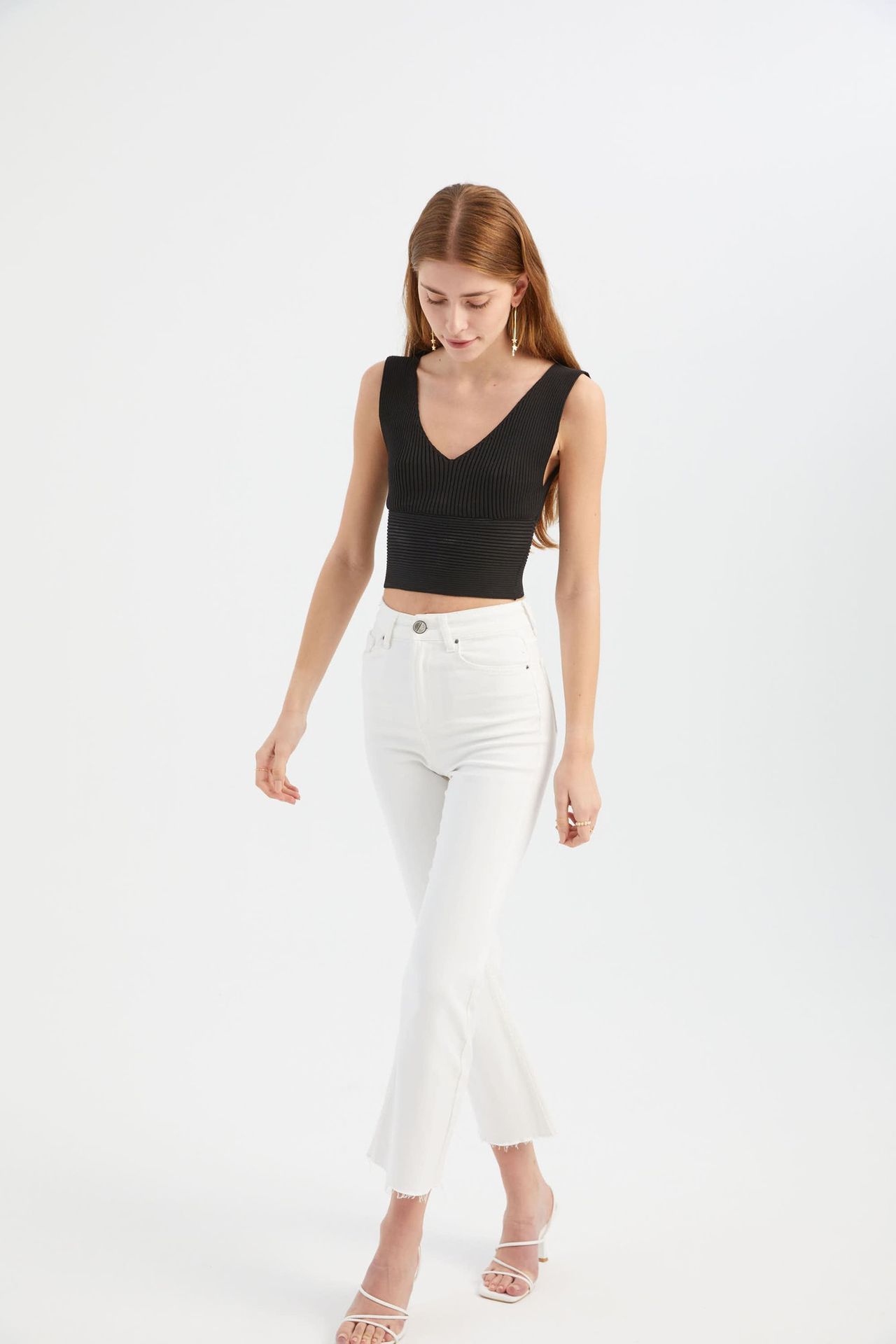 V Neck Knitted Ribbed Crop Top