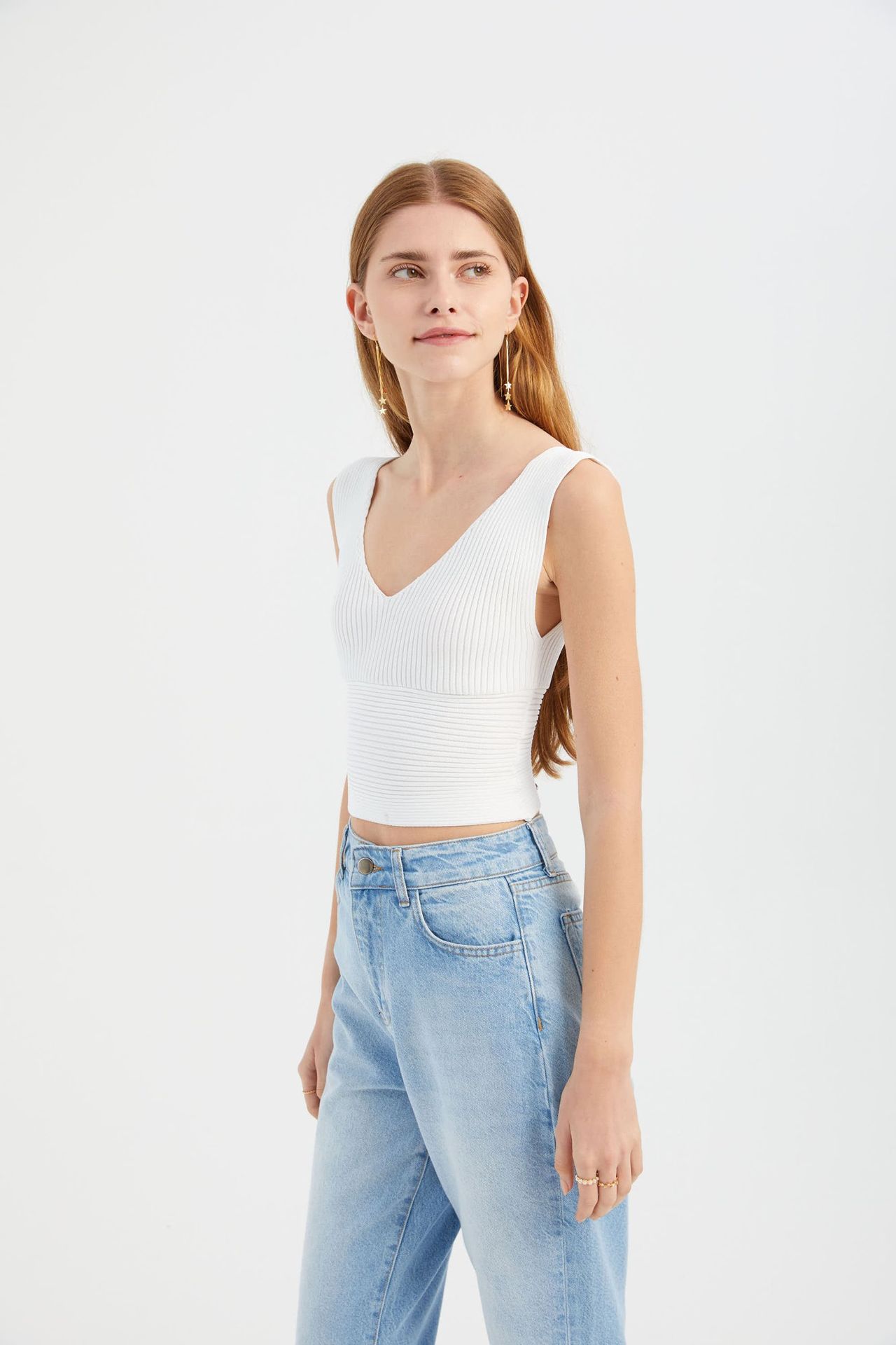 V Neck Knitted Ribbed Crop Top