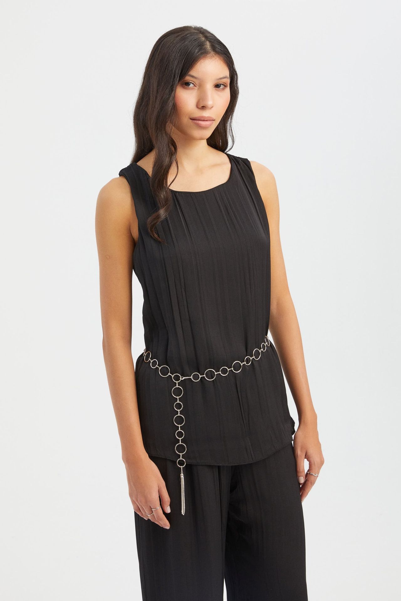 Round Neck Plisse Blouse with a Belt Detail