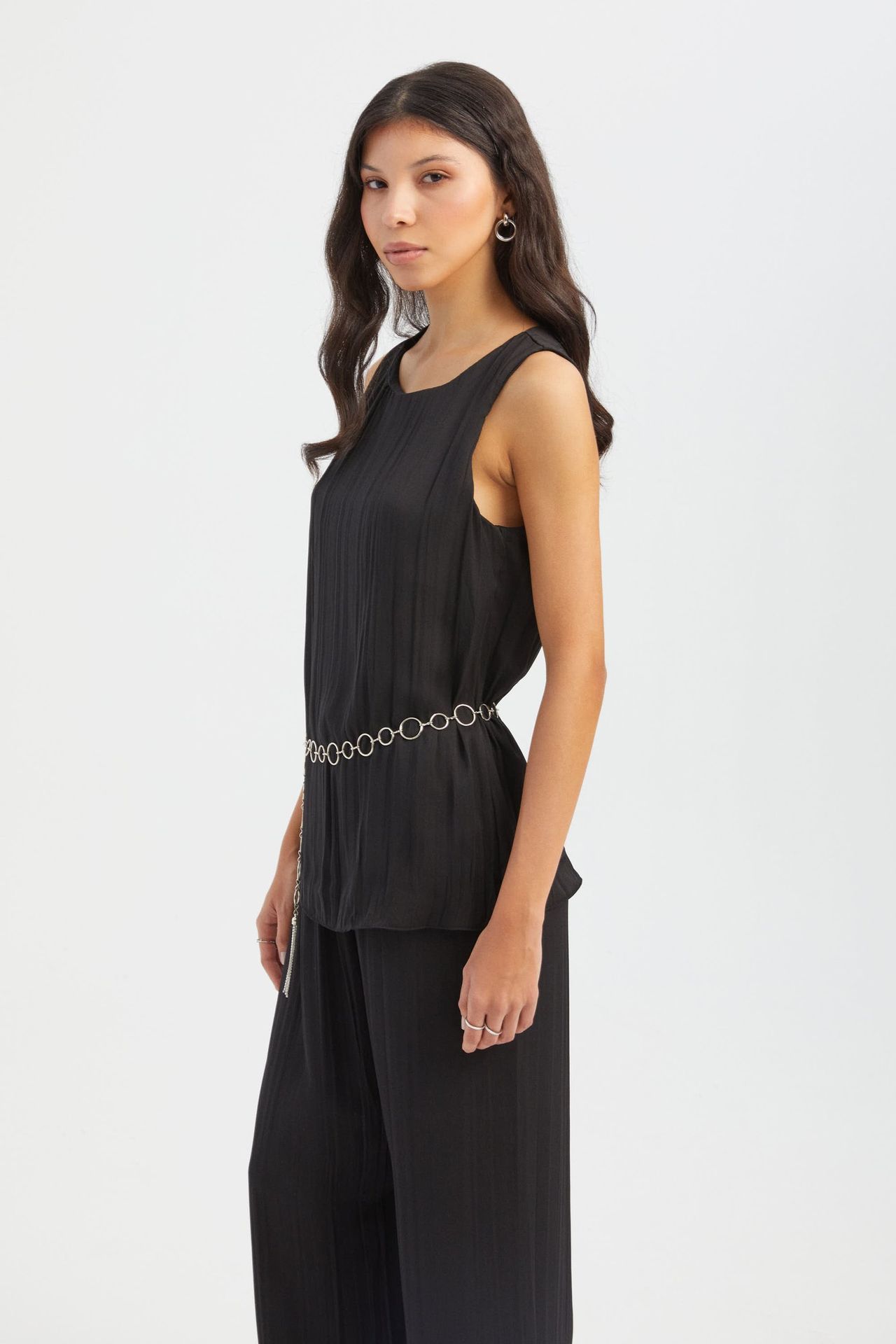 Round Neck Plisse Blouse with a Belt Detail