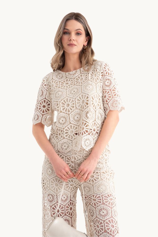 Crochet Round Neck Short Sleeve Blouse 1