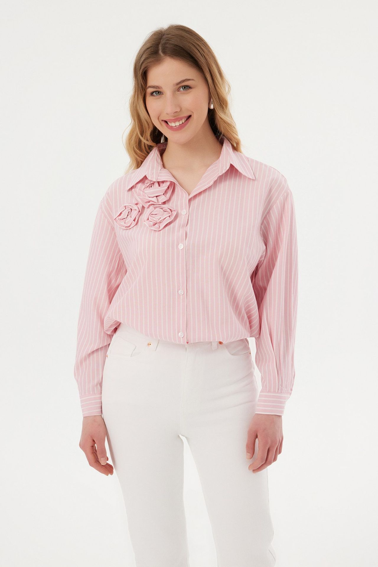 Striped Long Sleeve Shirt with a Rose Detail