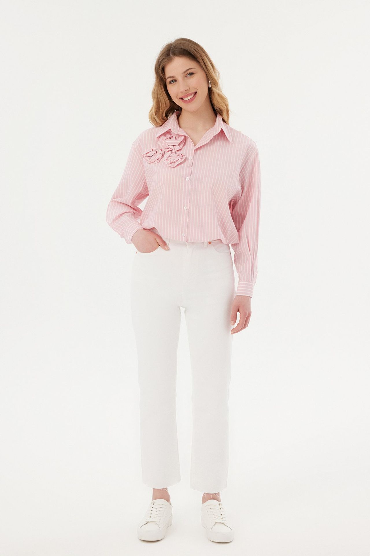 Striped Long Sleeve Shirt with a Rose Detail