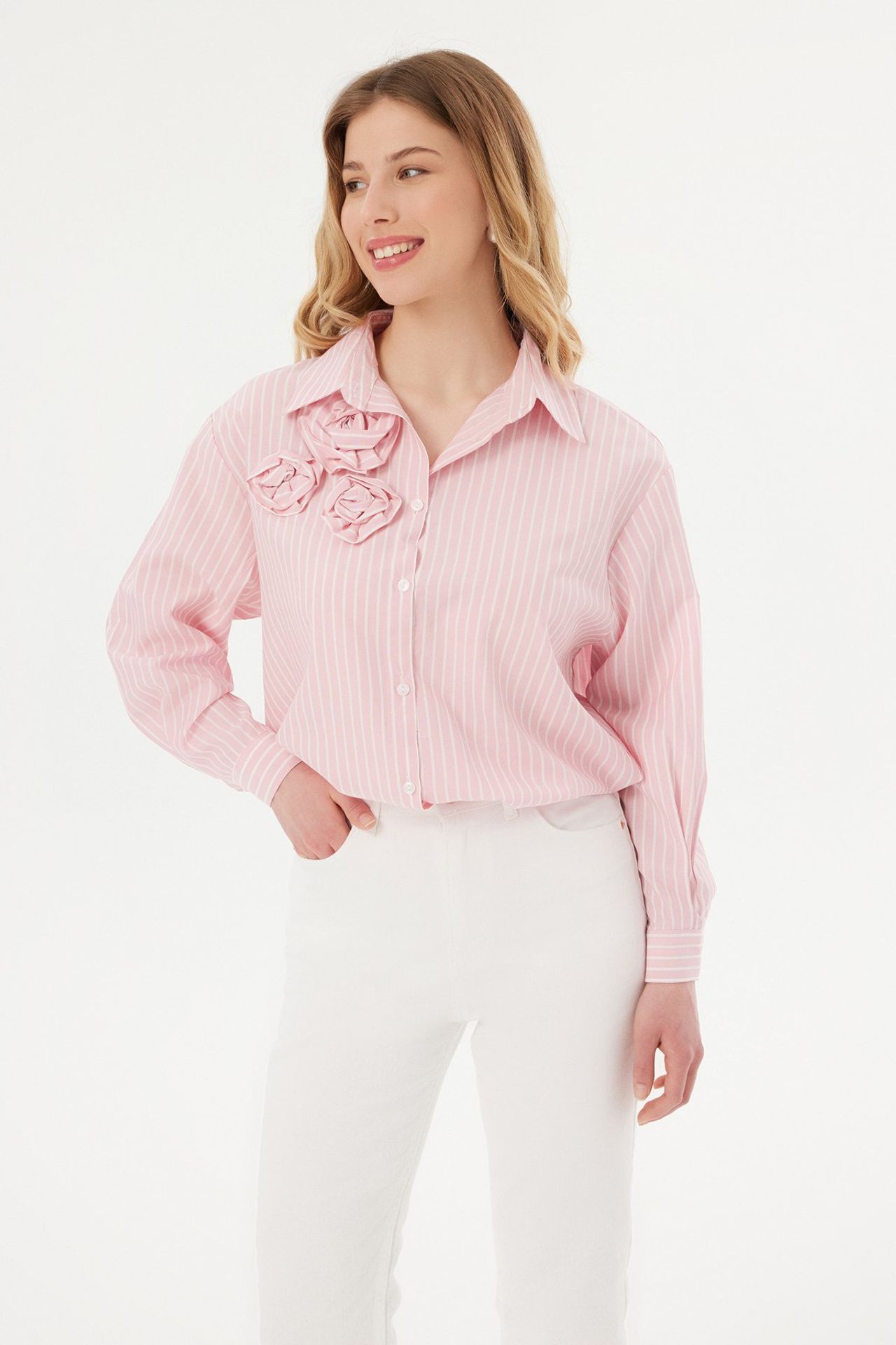 Striped Long Sleeve Shirt with a Rose Detail