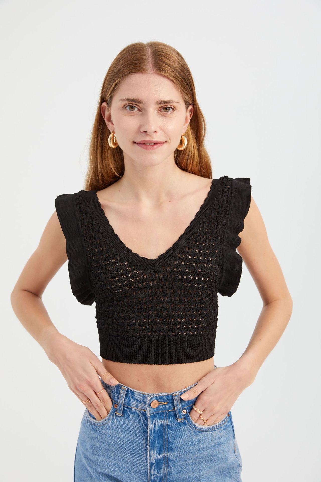 V Neck Knitted Sleeveless Crochet Top