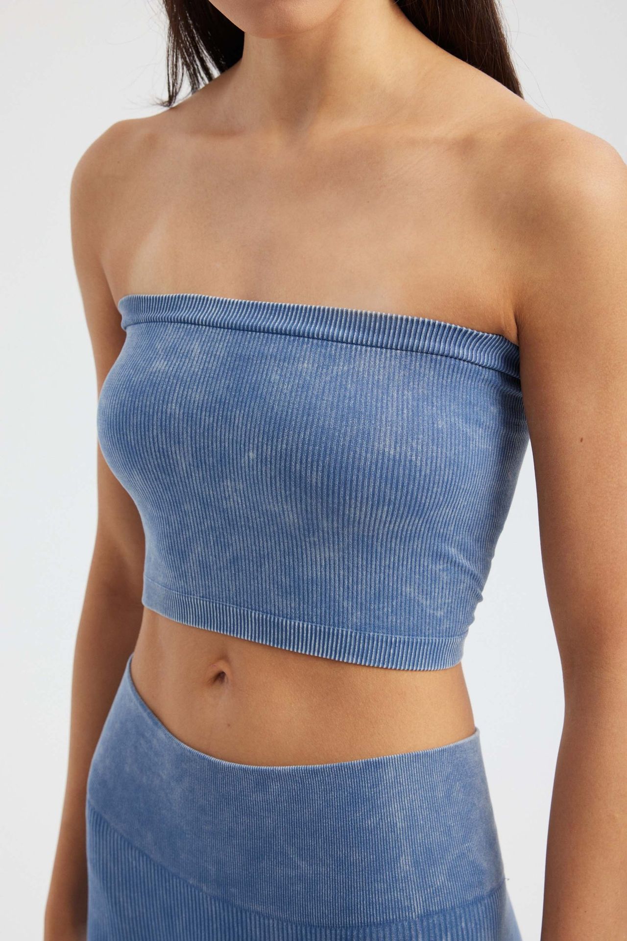 Acid Washed Strapless Ribbed Crop Top