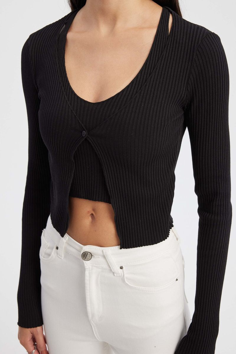 Knitted V-Neck Long Sleeve Cardigan & Crop Top Twin Set 5