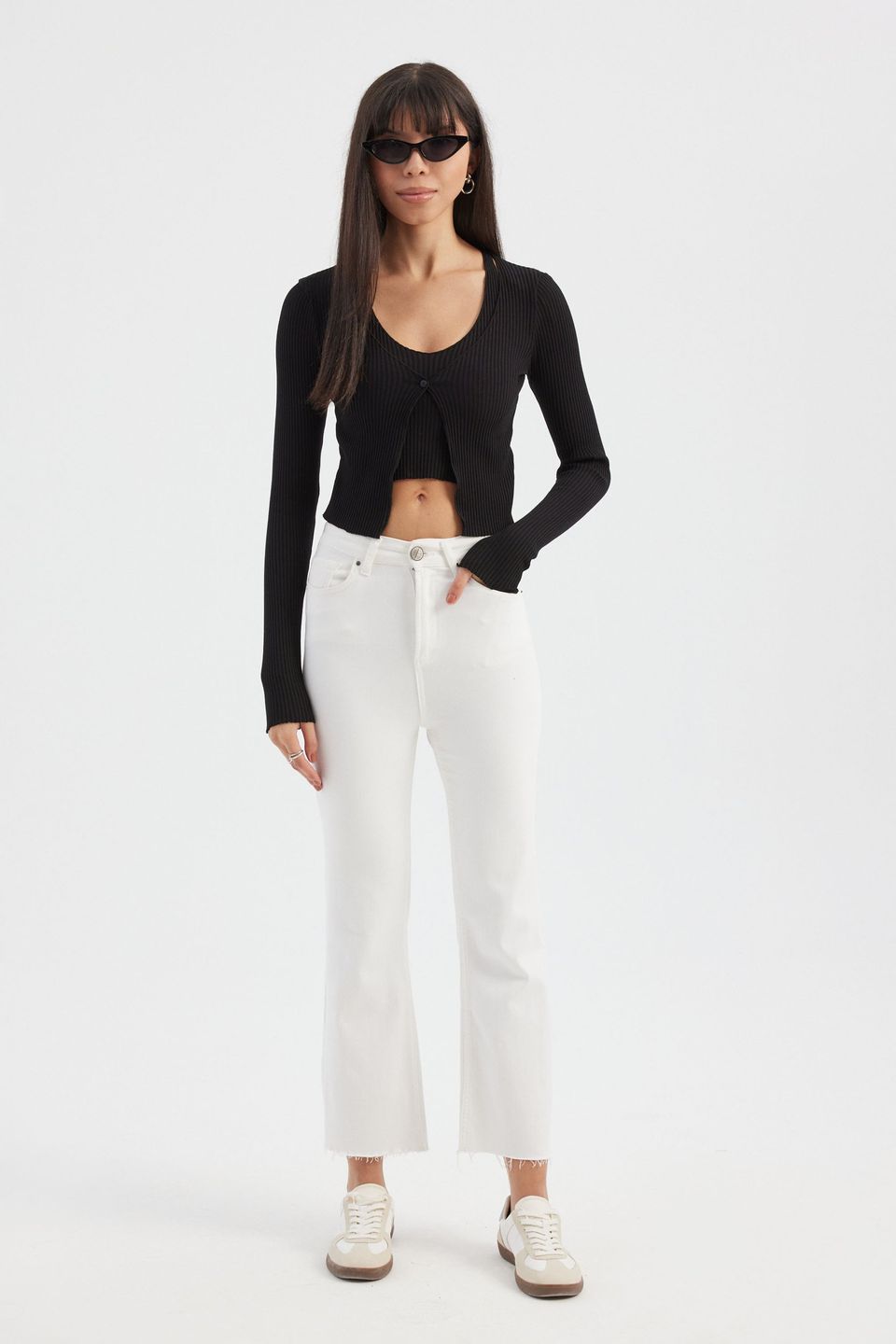 Twin Set: Knitted V-Neck Long Sleeve Cardigan with Button Detail and Crop Top