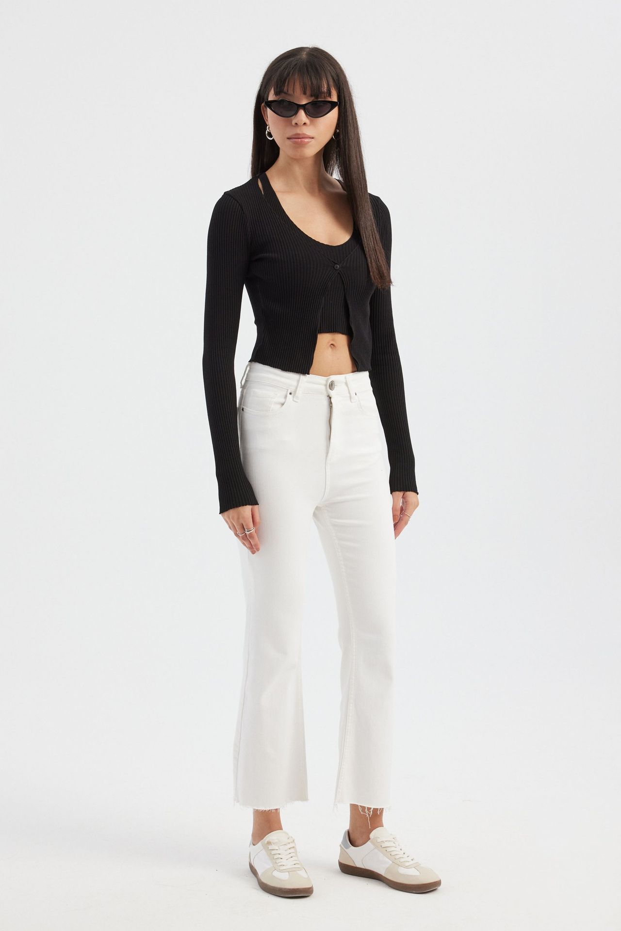 Twin Set: Knitted V-Neck Long Sleeve Cardigan with Button Detail and Crop Top
