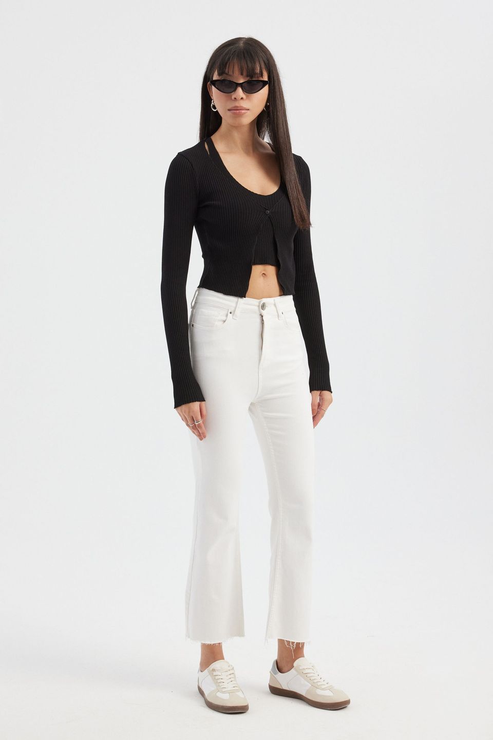 Twin Set: Knitted V-Neck Long Sleeve Cardigan with Button Detail and Crop Top
