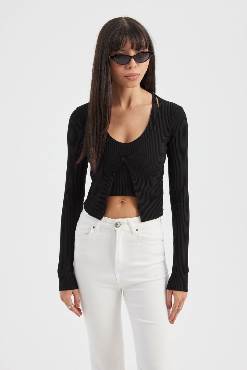 Knitted V-Neck Long Sleeve Cardigan & Crop Top Twin Set 2