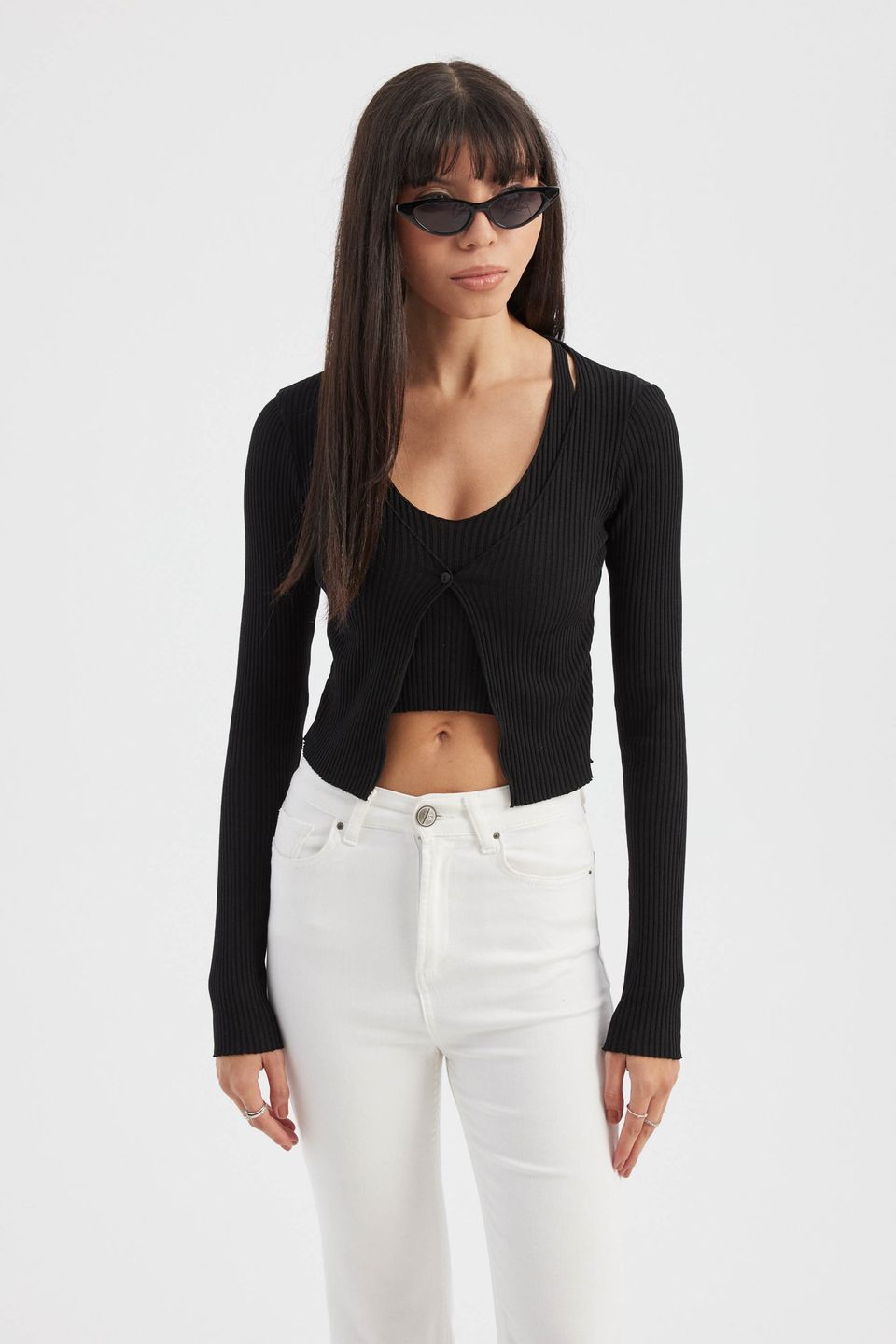 Twin Set: Knitted V-Neck Long Sleeve Cardigan with Button Detail and Crop Top