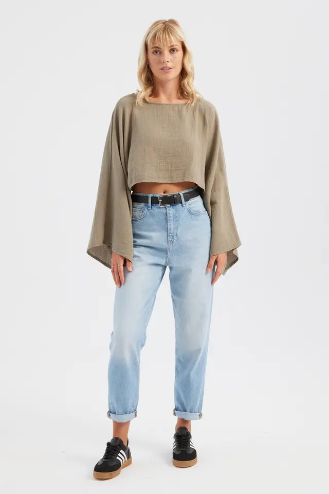 Boat Neck Muslin Flare Sleeve Cropped Blouse