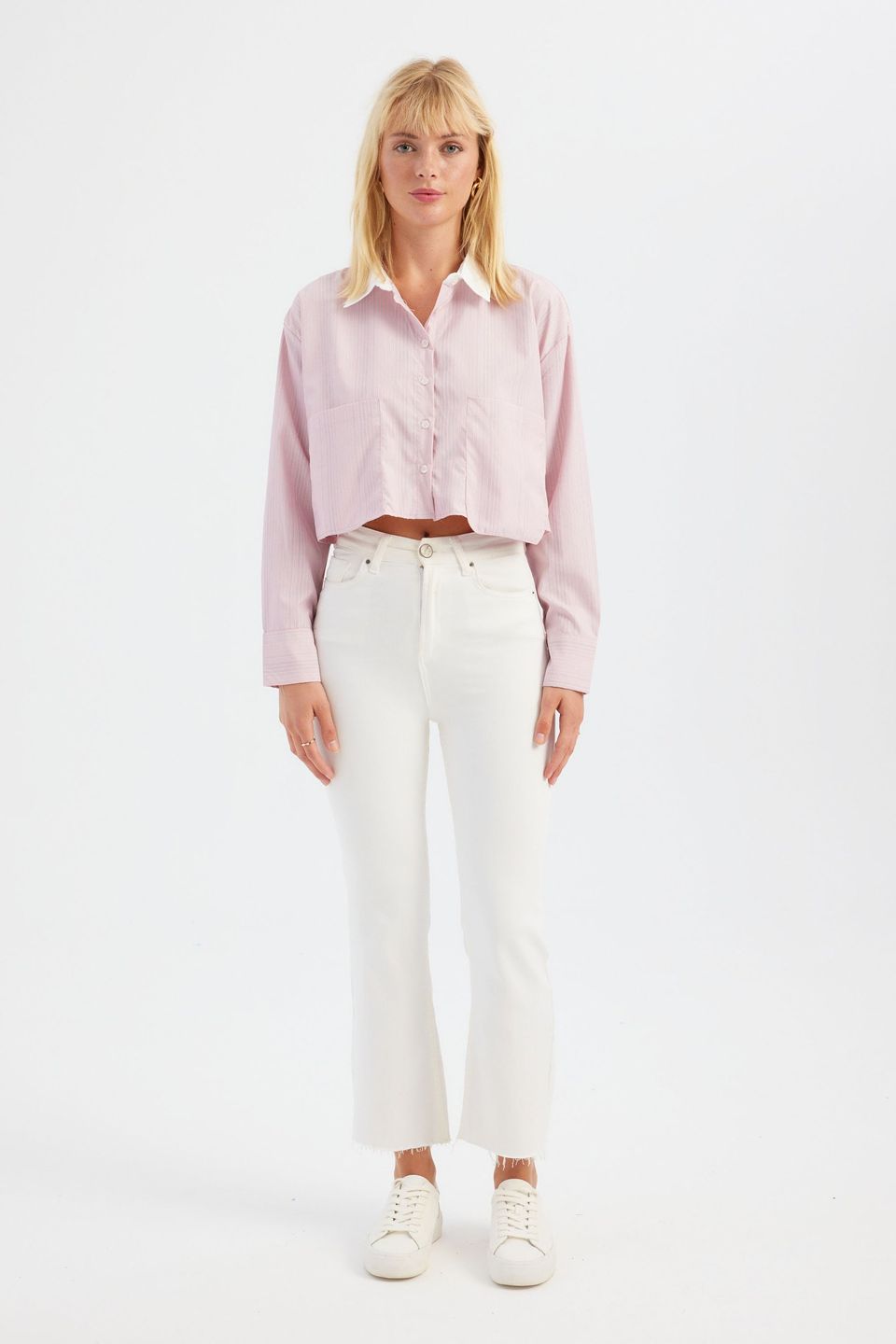 Striped Cotton Pocket Cropped Shirt
